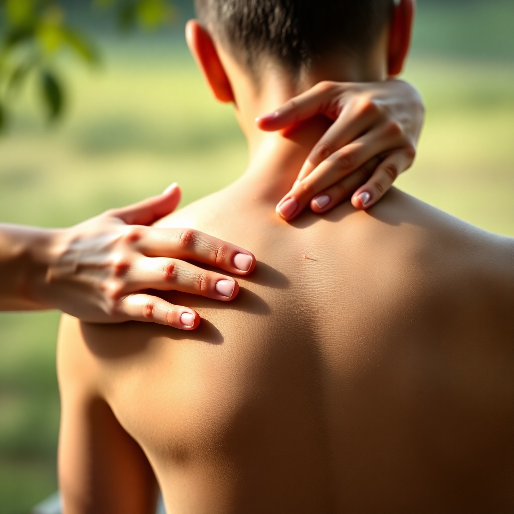 A photorealistic image of hands gently pressing on an acupuncture point on a patient's back, with soft, diffused lighting to highlight the tenderness of the touch.  The background should be a calming natural setting to evoke serenity and pain relief.