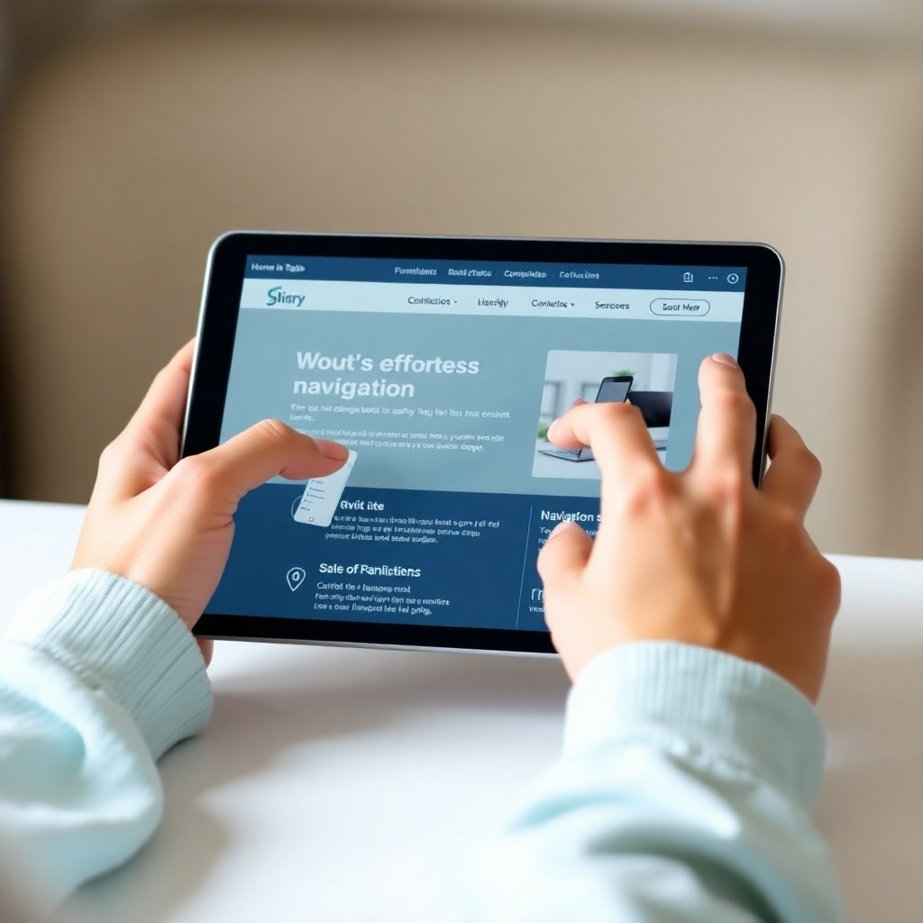 A photorealistic image of hands interacting with a website on a tablet. The focus should be on smooth, effortless navigation. The colors should be calming and inviting. The lighting should be soft and natural. The style should be clean and minimalistic.