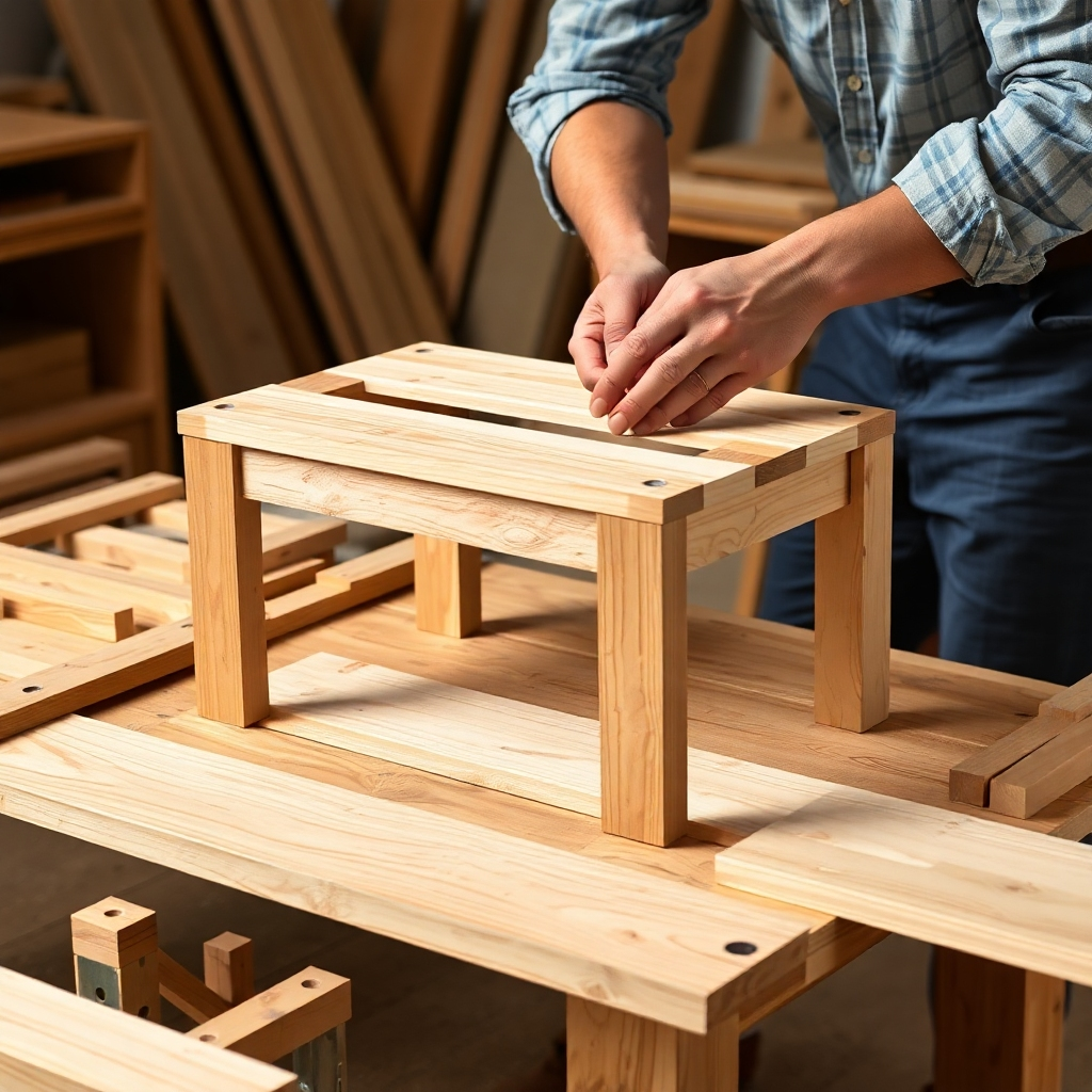 A photorealistic image of someone assembling a wooden table from individual parts; this shows progress in the assembly process and emphasises high quality.
