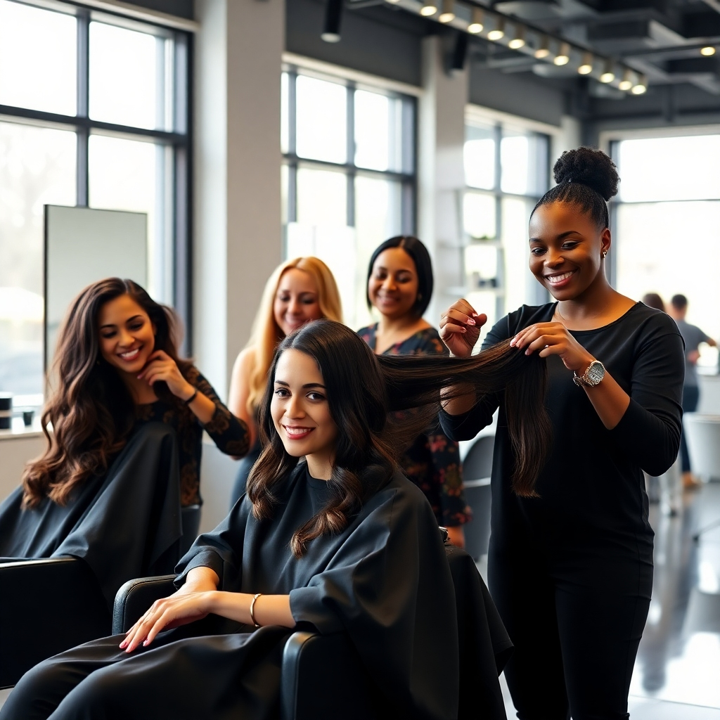 A photorealistic image of three diverse, smiling hair stylists working on clients' hair in a modern, luxurious salon. The salon should have sleek, minimalist design with natural light streaming in. Clients should appear relaxed and comfortable. High-definition, sharp focus, vibrant colors, cinematic lighting