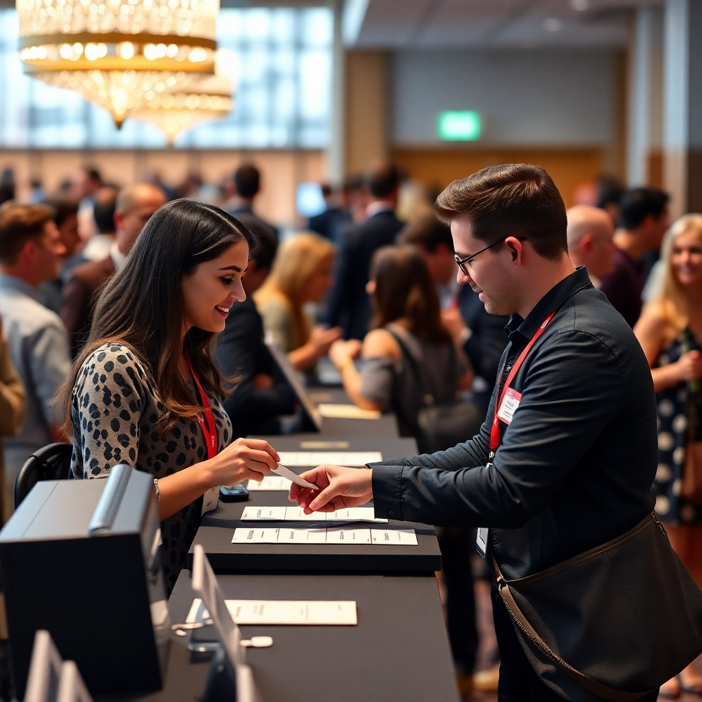 A photorealistic image portraying a friendly registration desk at a bustling event, with staff efficiently checking in guests and handing out name tags.  The background should subtly show happy attendees networking and enjoying the event. The image should convey a feeling of smooth, efficient guest management.