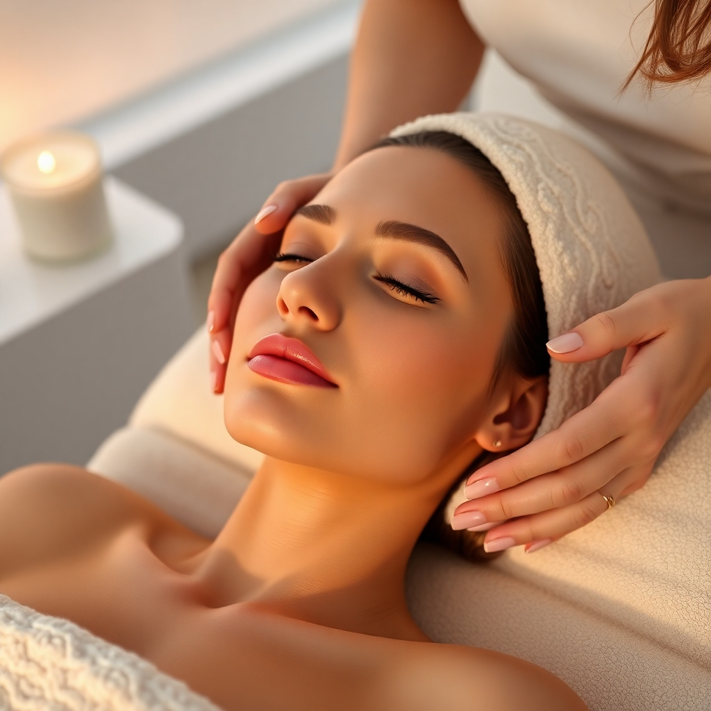 A photorealistic image, rendered in 8k resolution, showcasing a woman relaxing during a luxurious facial and massage. The setting is a pristine, modern spa with soft, warm lighting. The color palette consists of calming pastels and natural earth tones. The camera angle is slightly elevated, focusing on the woman's relaxed expression. The woman has flawless skin and her face is partially covered by a warm, white towel.  The esthetician's hands are gently massaging the woman's face using a high-end cream.  The textures of the skin, towel, and massage cream are rendered with incredible detail. The background is tastefully minimalist. The mood is peaceful, serene, and luxurious. The style should emulate the clean, minimalist aesthetic of Brooke Shaden's photography, capturing a serene beauty while highlighting the rich textures and details of the facial and massage experience. The final image should be hyperrealistic, emphasizing the feeling of calm and rejuvenation.