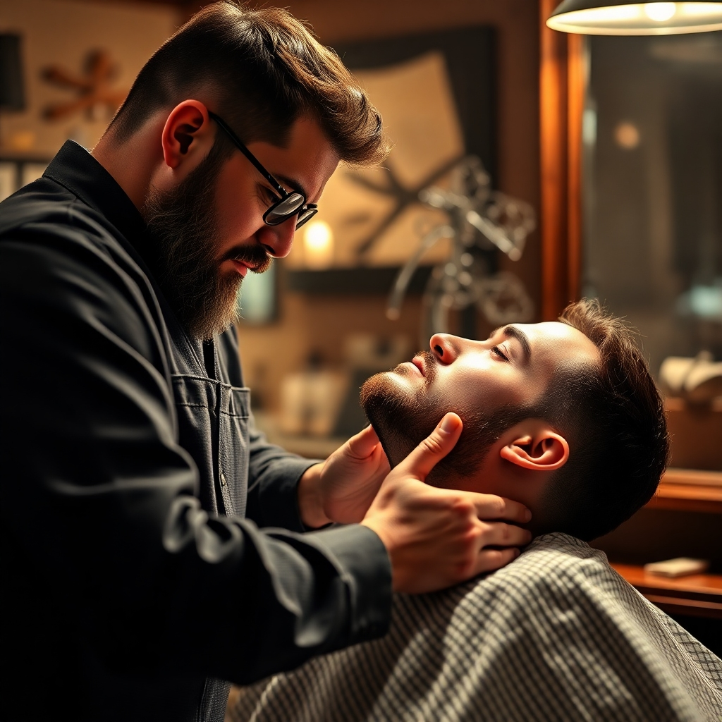 A photorealistic image showcasing a barber performing a hot towel shave on a client, focusing on the luxurious details of the process. Use warm lighting and rich colors to convey relaxation and luxury.
