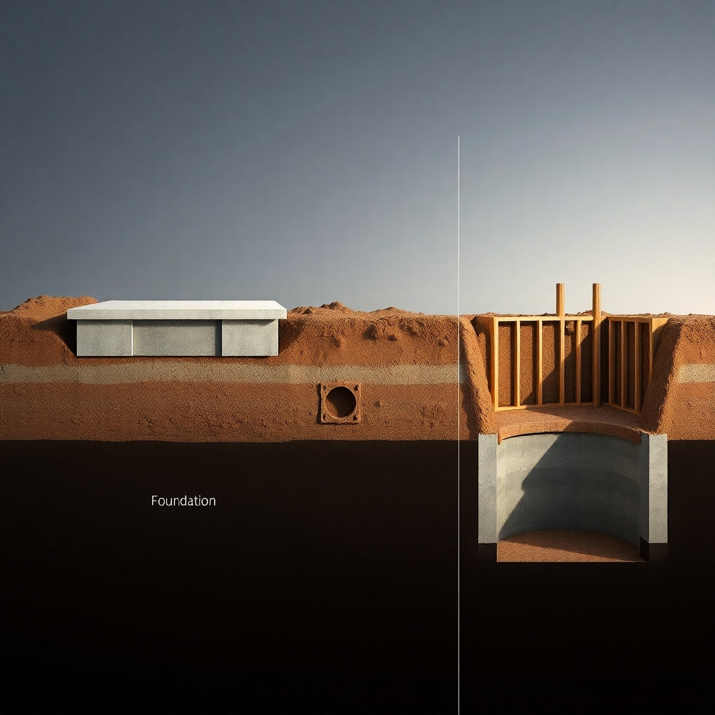 A photorealistic image showcasing a variety of foundation types under construction: a shallow foundation with concrete footings and a poured concrete slab, a deep foundation using piles driven into the ground, and a basement foundation being excavated and framed.  The image should show different soil types, and each foundation should be clearly labeled.  High-resolution, detailed, and professionally lit.
