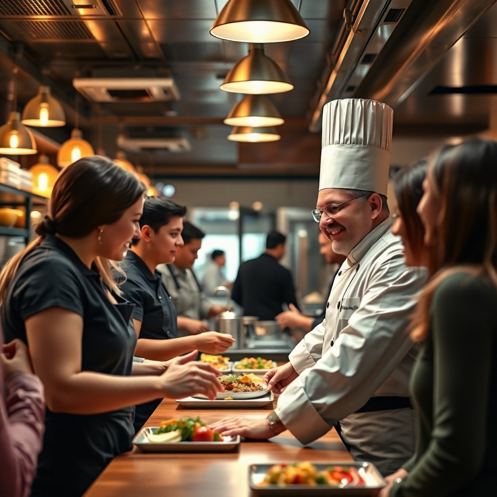 A photorealistic image showcasing a successful chef interacting with their team and customers in a bustling restaurant. The composition emphasizes teamwork and positive interactions. The lighting is bright, cheerful, and warm. The color palette is vibrant and lively. The camera angle is from a low angle. The texture details should be high quality and emphasize the positive and energetic atmosphere. The environment is a successful restaurant. The style is photorealistic and documentary in style. The resolution is 4K and the image should be high quality.