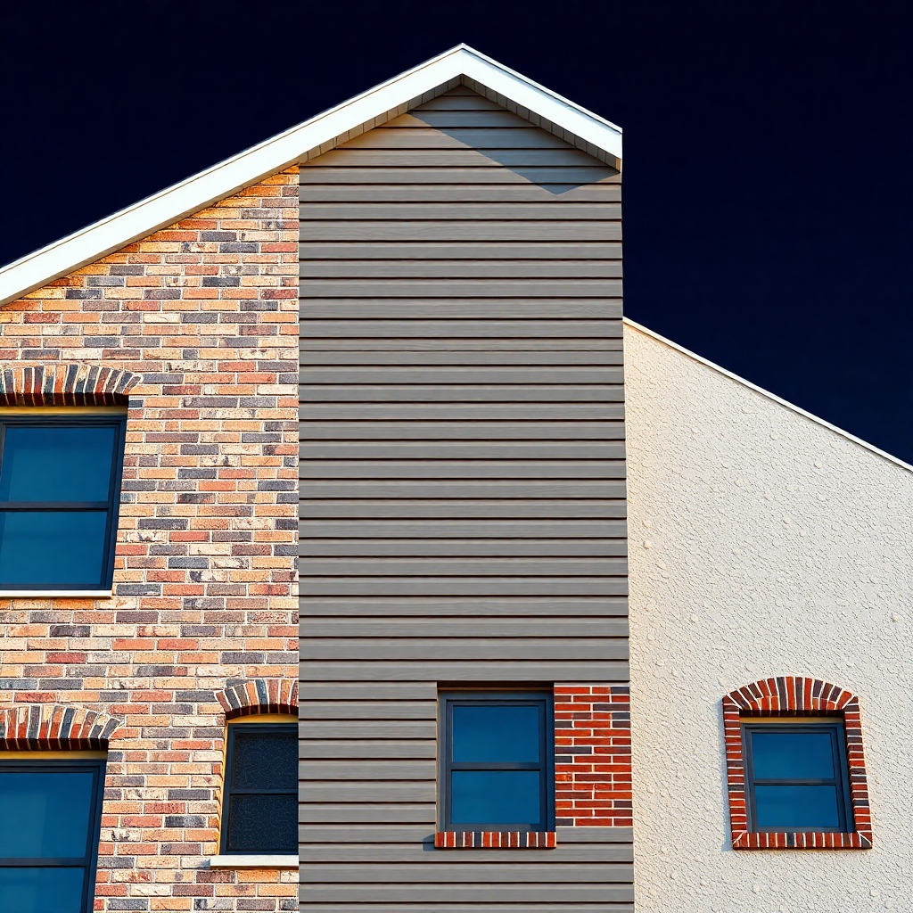 A photorealistic image showcasing different exterior finishes applied to a building. Show one section of the building with brick cladding, another with vinyl siding, and a third with stucco.  Each section should show the installation process in detail with clear texture and color representation. High-resolution, detailed, professionally lit, emphasizing the quality of the finishes.