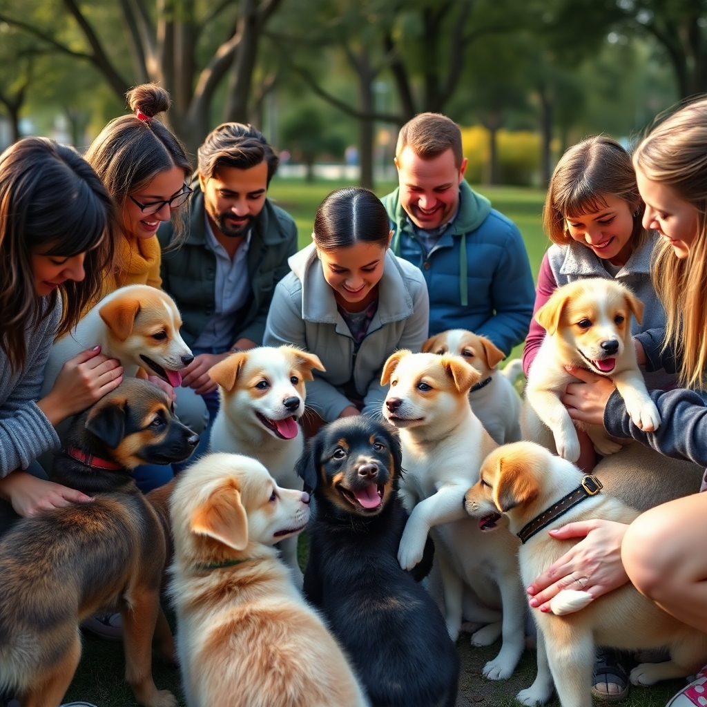 A photorealistic image showcasing a diverse group of people interacting joyfully with various breeds of puppies in a safe, outdoor, park-like setting.  The image should depict positive interaction, including petting, playing, and gentle handling. The lighting should be soft and natural, and the overall mood should be calm and positive.