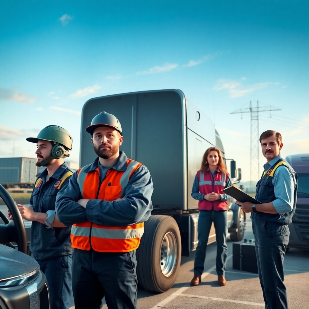 A photorealistic image showcasing a diverse group of people working in various trucking-related professions. Include a truck driver, a mechanic, a logistics manager, and a dispatcher.  The image should be set in a variety of locations, representing different facets of the trucking industry—a highway, a repair shop, a distribution center, and an office setting.  Capture a sense of teamwork and collaboration.