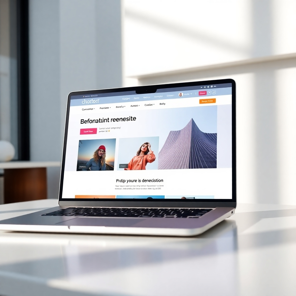 A photorealistic image showcasing a beautifully designed website on a high-end laptop. The laptop should be positioned in a modern, minimalist setting.  Lighting should be natural, highlighting the website's design elements. The color palette should complement the website's theme, creating a harmonious and visually appealing image. The camera angle should be slightly elevated, showcasing the laptop screen clearly. The image should represent elegance and functionality, creating a positive association with well-designed websites.