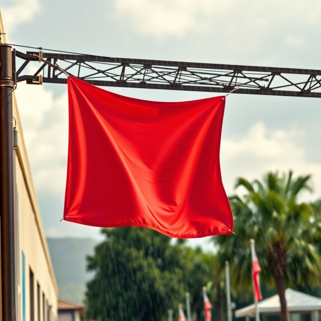 A photorealistic image showcasing a large-format UV-printed banner hanging outdoors on a windy day. The banner should display bold colors and sharp details. Rain or sunshine is present in the background but the banner looks unaffected and clear; showcasing its durability and weather-resistance.  The image should be professionally lit, with a focus on the banner's quality and ability to withstand the elements.
