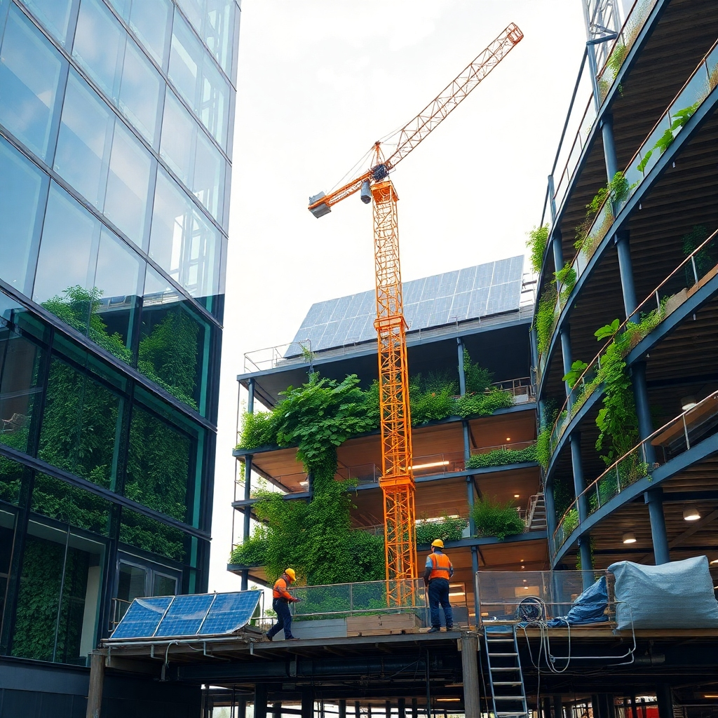 A photorealistic image showcasing a modern building under construction, highlighting sustainable features such as solar panels, green walls, and recycled materials being used.  The image should show workers using modern, eco-friendly equipment and techniques.