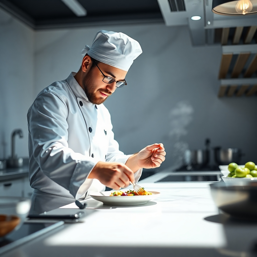 A photorealistic image showcasing a chef creatively preparing a dish using innovative culinary tools or techniques. The composition should be dynamic and visually engaging. Lighting should be bright and airy, creating a clean and modern look. The color palette is bright and refreshing. The camera angle should be a dynamic shot, possibly from an angle that emphasizes the motion of the chef. Texture details should be sharp and well-defined. The environment is a modern, clean kitchen. The style is photorealistic and engaging. The resolution is 4K and the image should be high quality.
