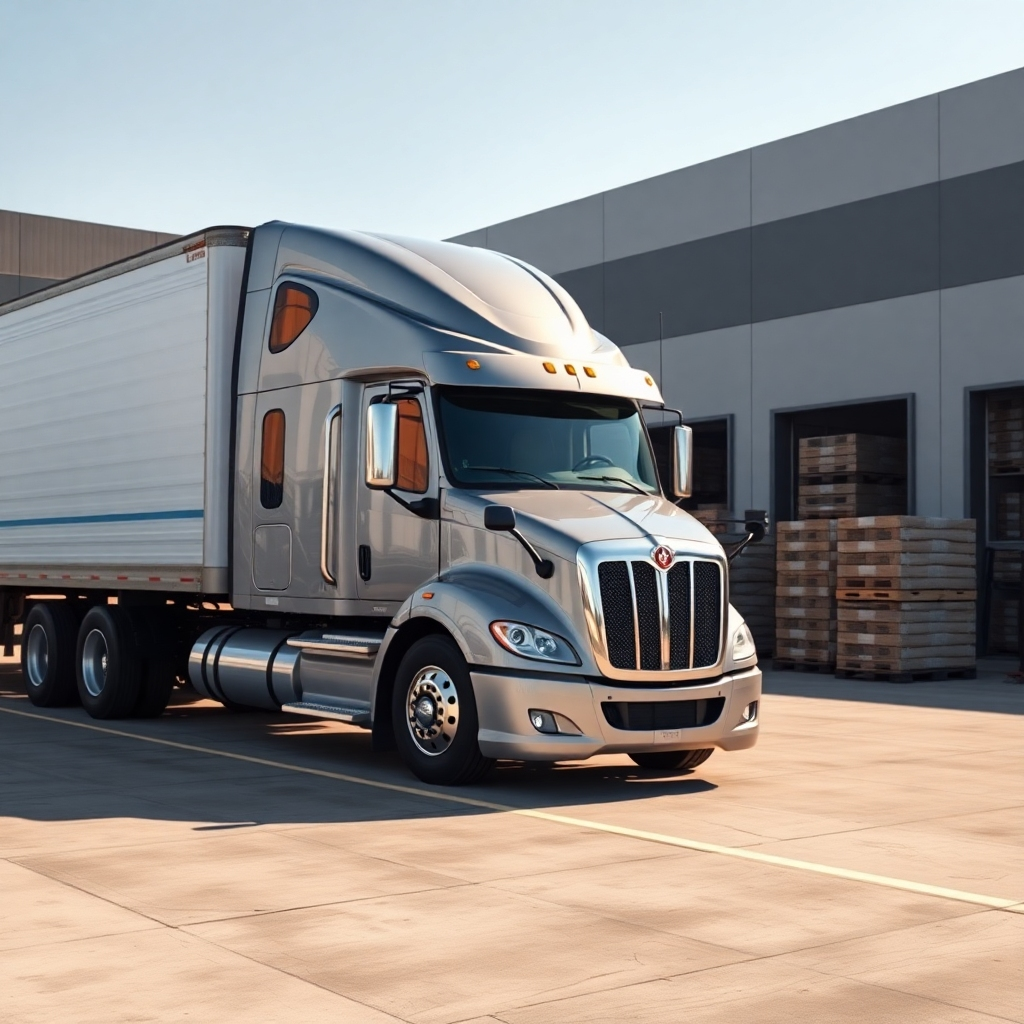 A photorealistic image showcasing a well-maintained modern semi-truck parked at a large distribution center at daytime.  Pallet loaders are actively working in the background, suggesting high volume and consistent work.  The overall scene should project efficiency, reliability, and the high-value nature of the trucking industry. The lighting should be bright and clear, emphasizing the organized and productive environment.