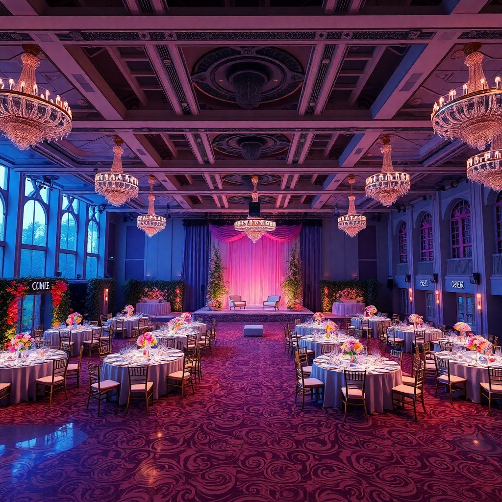A photorealistic image showcasing a stunning event venue – perhaps a spacious ballroom or a charming outdoor garden – meticulously decorated and set up for a large event.  The image should highlight key logistical aspects, like seating arrangements, stage setup, catering stations, and clear signage.
