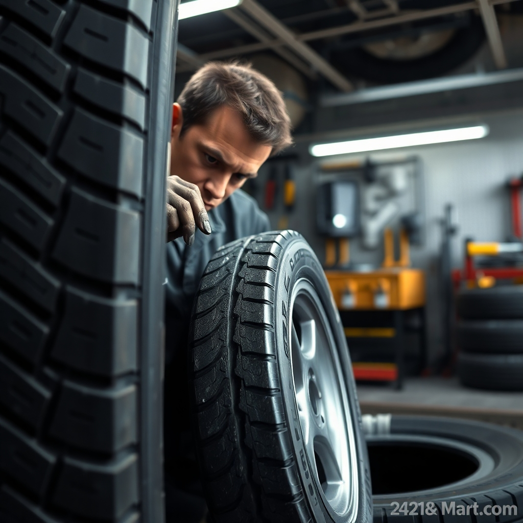 A photorealistic image showcasing a technician meticulously inspecting a used tire, with tools and equipment in the background.  The tire should be clean and show minimal wear; the background must include a tire shop environment, creating a professional setting. High-resolution, detailed texture of the tire.