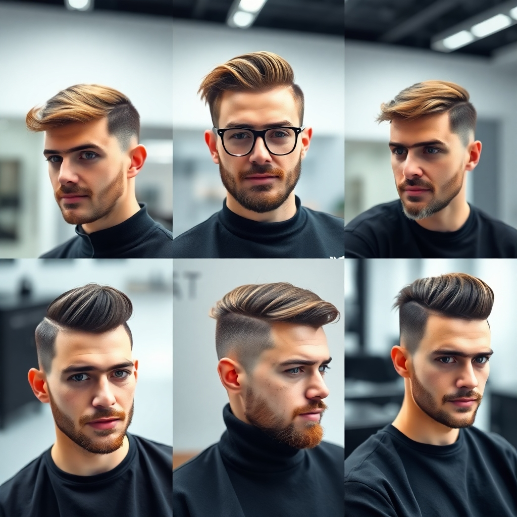 A photorealistic image showcasing a variety of stylish men's haircuts, each highlighting different techniques and styles, in a clean, modern setting with high-quality lighting.