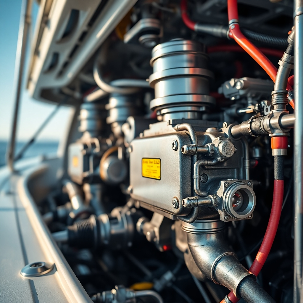 A photorealistic image showcasing a highly detailed and clean boat engine. Emphasize the mechanical aspects with bright and clear lighting, highlighting the work involved. The color palette consists of metallic tones and bright colors. Technical specs: 4K resolution, focus on sharp details