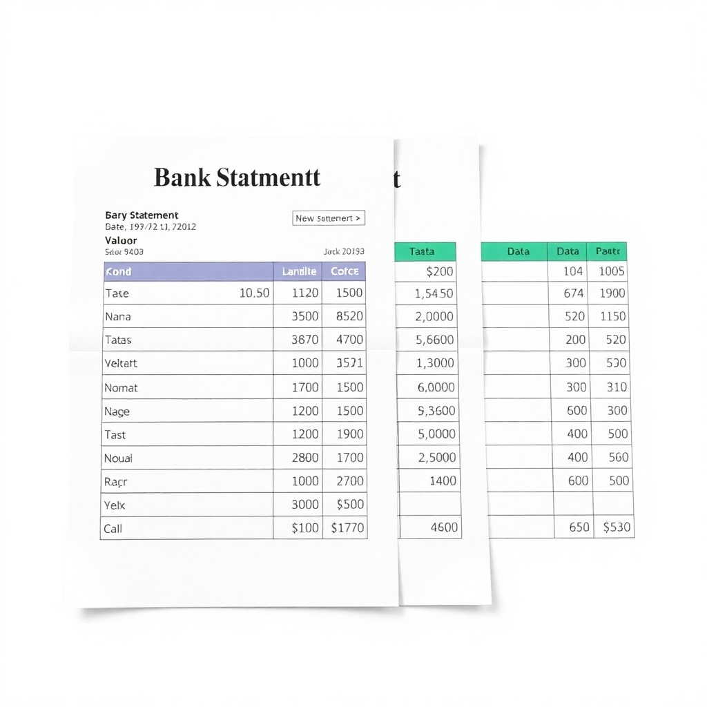 A photorealistic image, showing a clear bank statement and spreadsheet, where the data is being matched, creating a visual comparison that is easy to understand.  The background should be simple and neutral, and the image should be clear and precise. Technical specs: 4K resolution, high quality.
