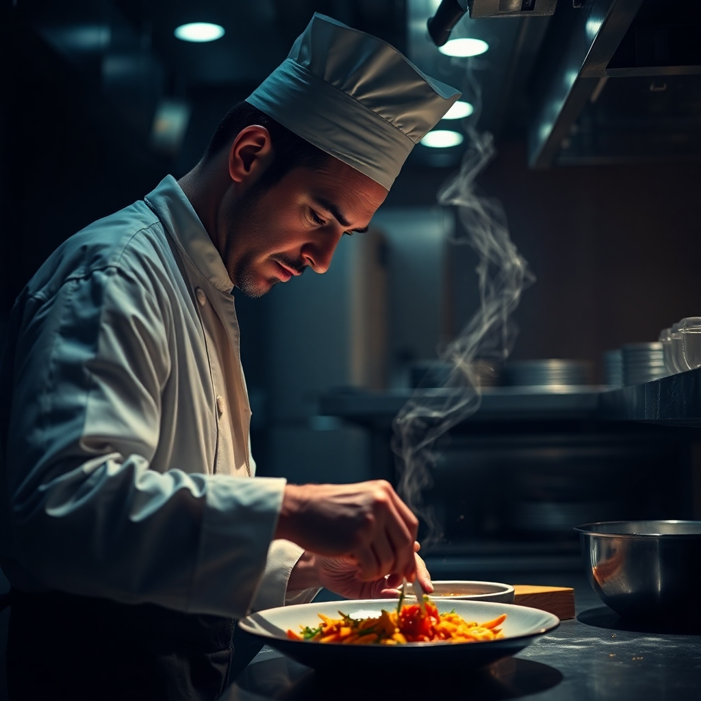 A photorealistic image showing a chef working late into the night, meticulously preparing a dish. The composition should evoke a sense of dedication and passion. The lighting should emphasize the late-night atmosphere. The color palette could use darker tones. The camera angle could be a slightly low angle. The texture details should show the exhaustion but also the dedication. The environment is a professional kitchen at night. The style is photorealistic, emphasizing the reality of the chef's work. The resolution is 4K and the image should be high quality.
