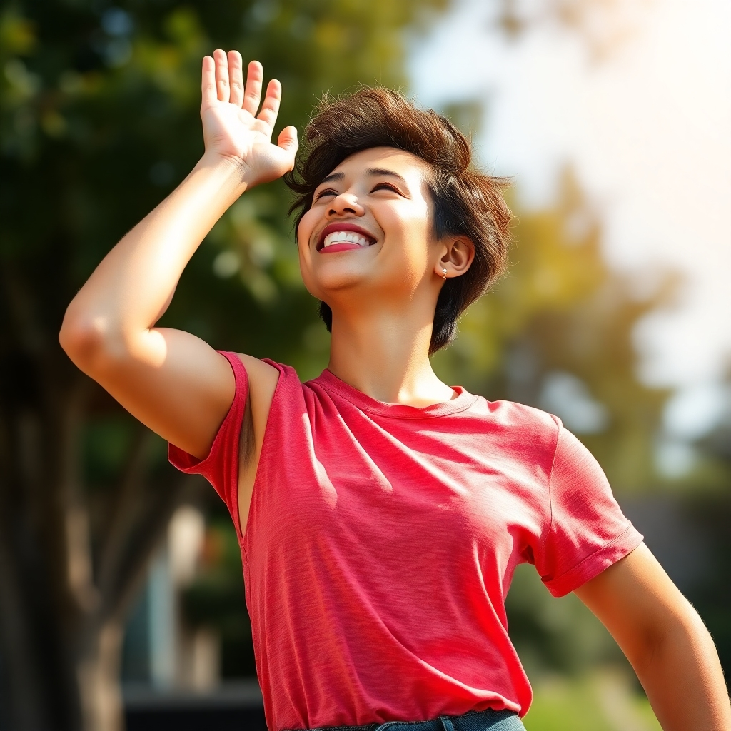 A photorealistic image showing a person feeling invigorated and energized after an acupuncture session, radiating good health.  Natural light, outdoor setting, use of vivid colors, and active posture.  The image should evoke a feeling of revitalization and wellness.