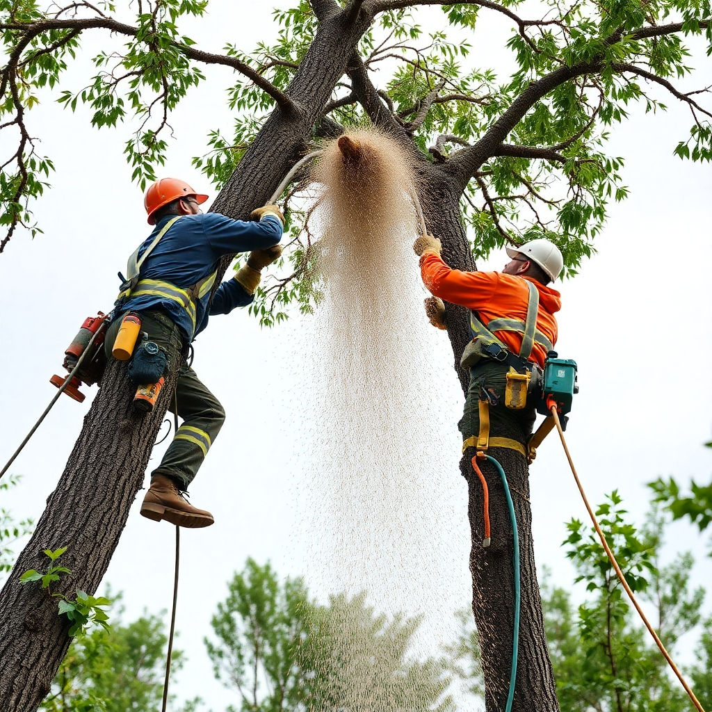 A photorealistic image showing a controlled and careful tree removal process, highlighting safety measures and equipment. Resolution: 4K, High-quality