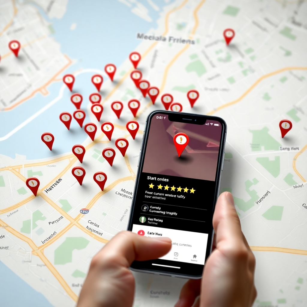 A photorealistic image showing a map interface with many positive customer pins clustered around a business location, a stylized graphic representation showing increased website traffic and customer engagement, accompanied by a mobile phone displaying positive online reviews for that business.  Visually represent higher visibility and customer attraction. High resolution, sharp details, modern aesthetic.