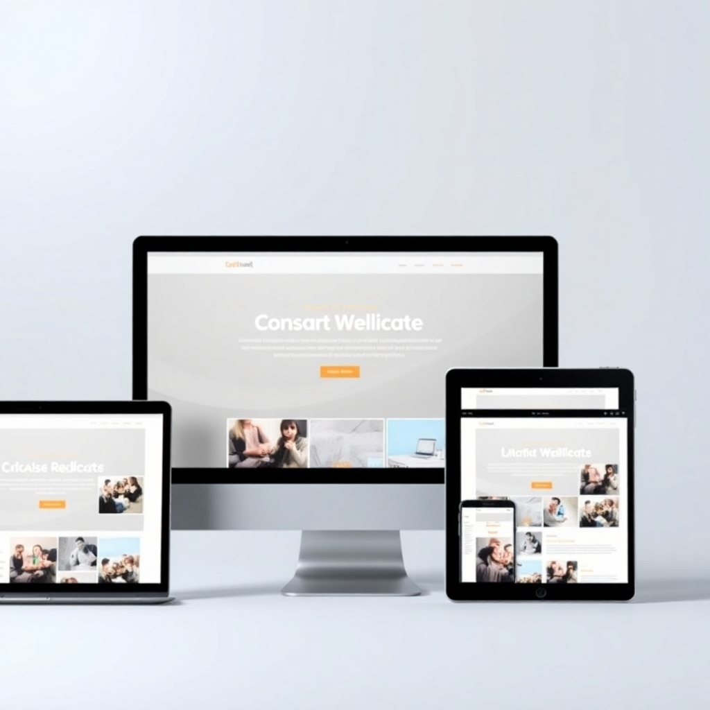 A photorealistic image showing a website seamlessly adapting to different screen sizes (desktop, tablet, and mobile). The image should emphasize smooth transitions and consistency in layout across all devices. The lighting should be evenly distributed, allowing for clear viewing of the website on each device. The style should be modern and clean, highlighting the adaptability of the responsive website design.