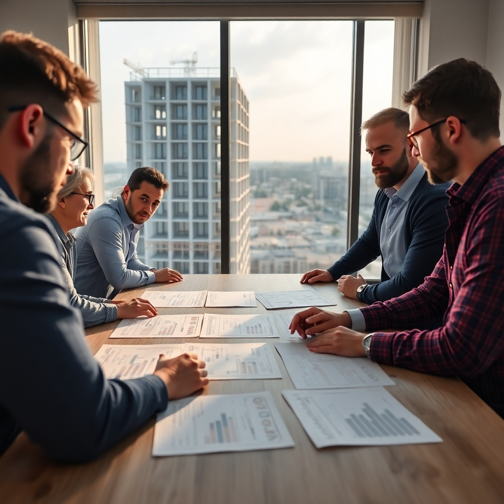 A photorealistic image showing a team of construction professionals gathered around a table, engaged in a serious discussion.  On the table are documents outlining various risk assessment scenarios, with a partly-constructed building visible through a large window, showcasing the potential impacts of risks. The image should highlight collaboration and problem-solving.