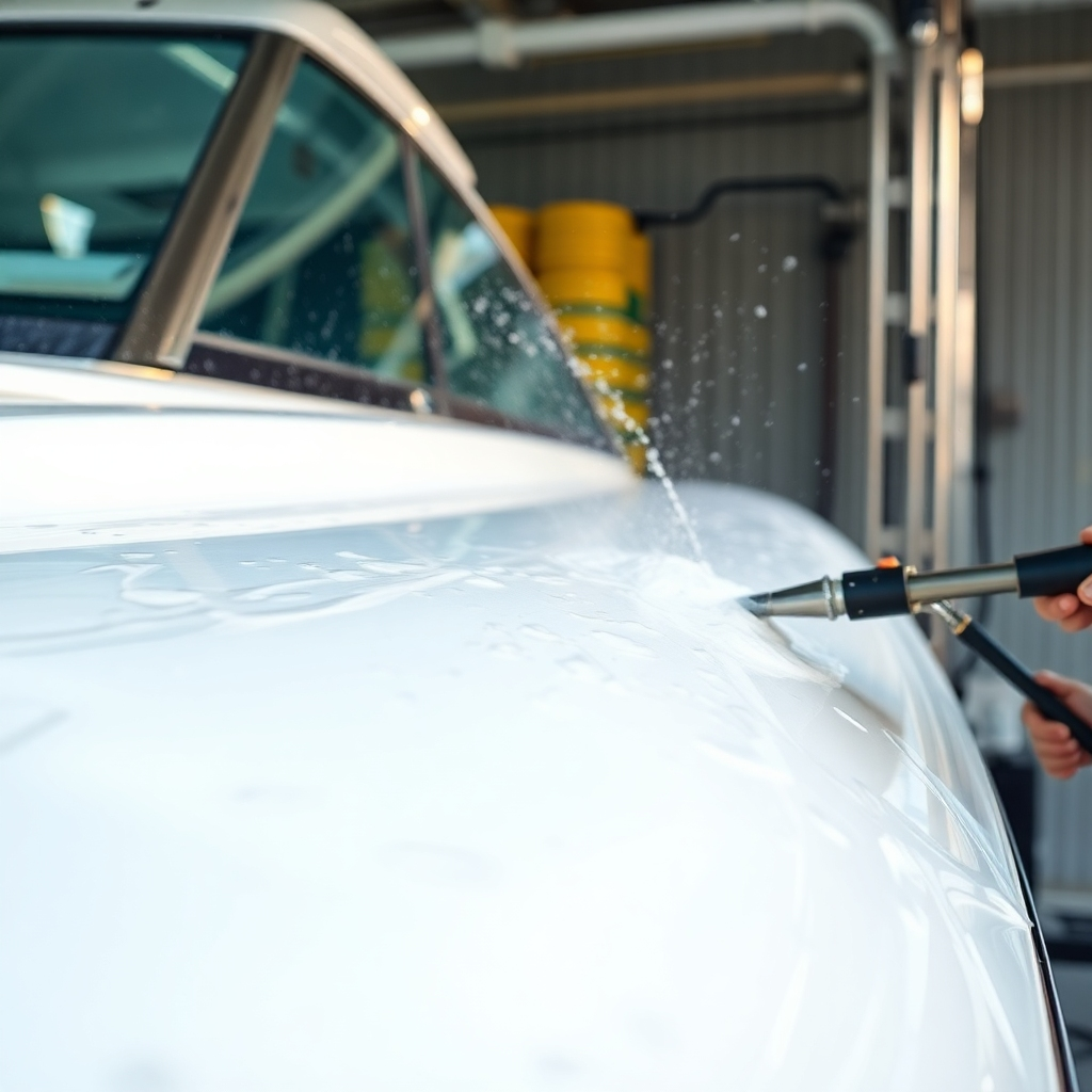 A photorealistic image showing a boat undergoing a premium wash, highlighting the use of specialized tools and techniques, such as high-pressure washing and gentle scrubbing. Showcasing the cleanliness.  Technical specs: 4K resolution, focus on the precision and effectiveness of the cleaning process