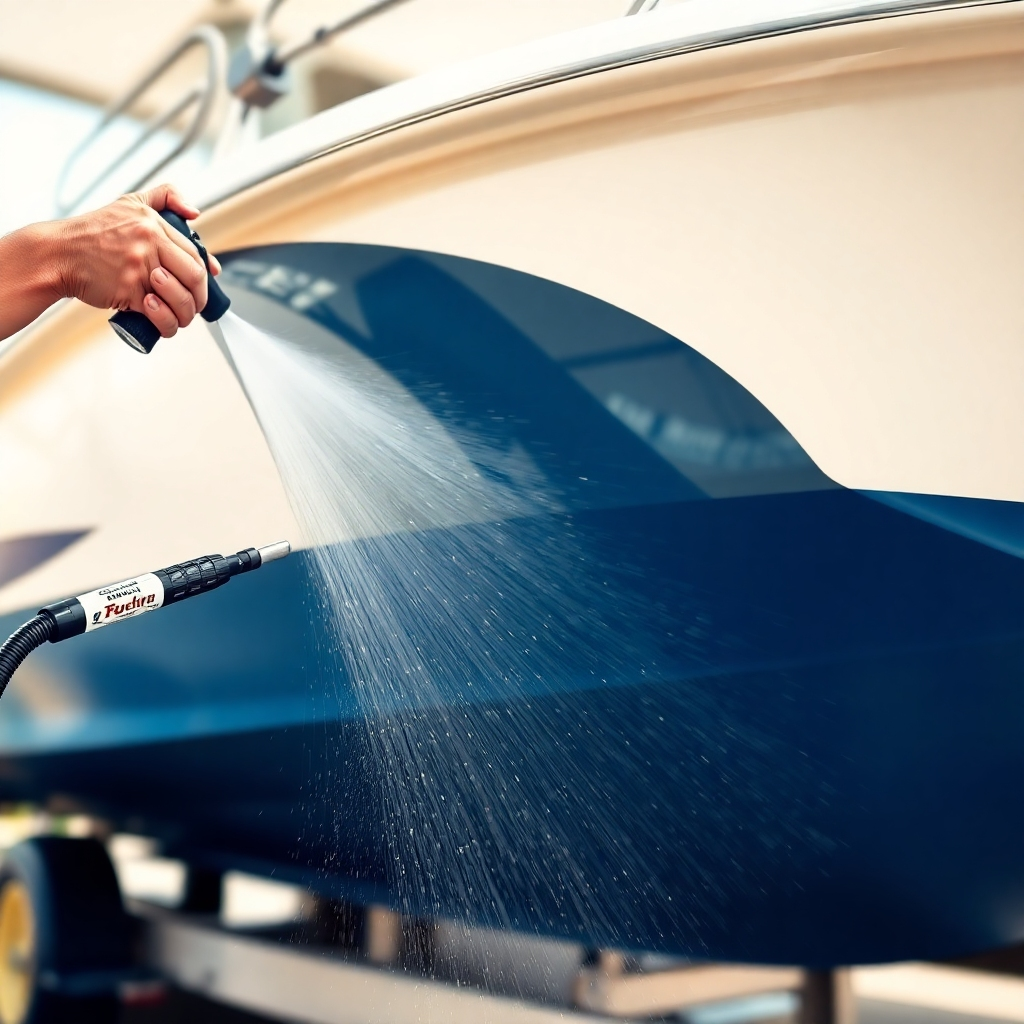  A photorealistic image showing someone meticulously preparing a boat for detailing, using a pressure washer and brushes. The focus is on the thoroughness of the preparation process. The color palette is natural and bright, with the boat as the central focus. The camera angle is slightly low, emphasizing the care being taken. Technical specs: High-quality, 4K resolution