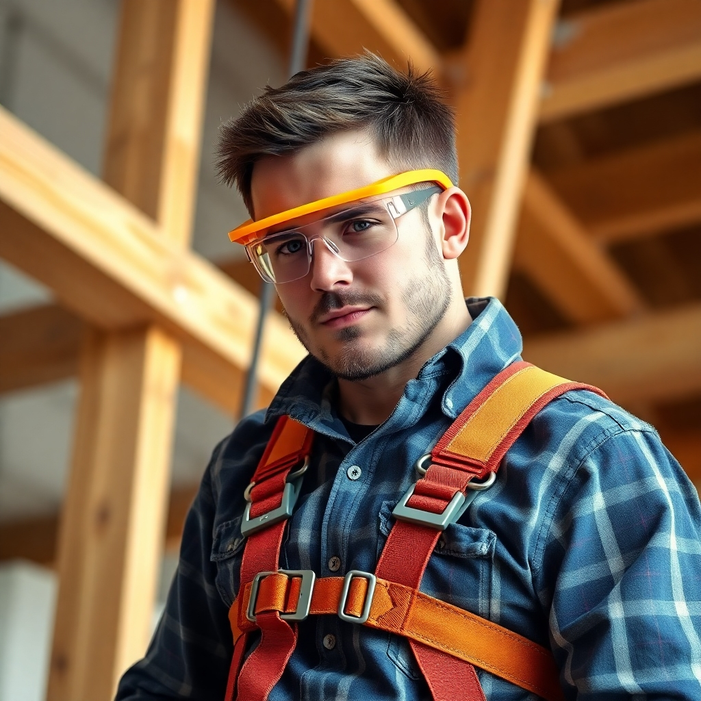 A photorealistic image showing a carpenter wearing safety glasses and using a safety harness while working at height. This should emphasize the importance of safety in the craft.