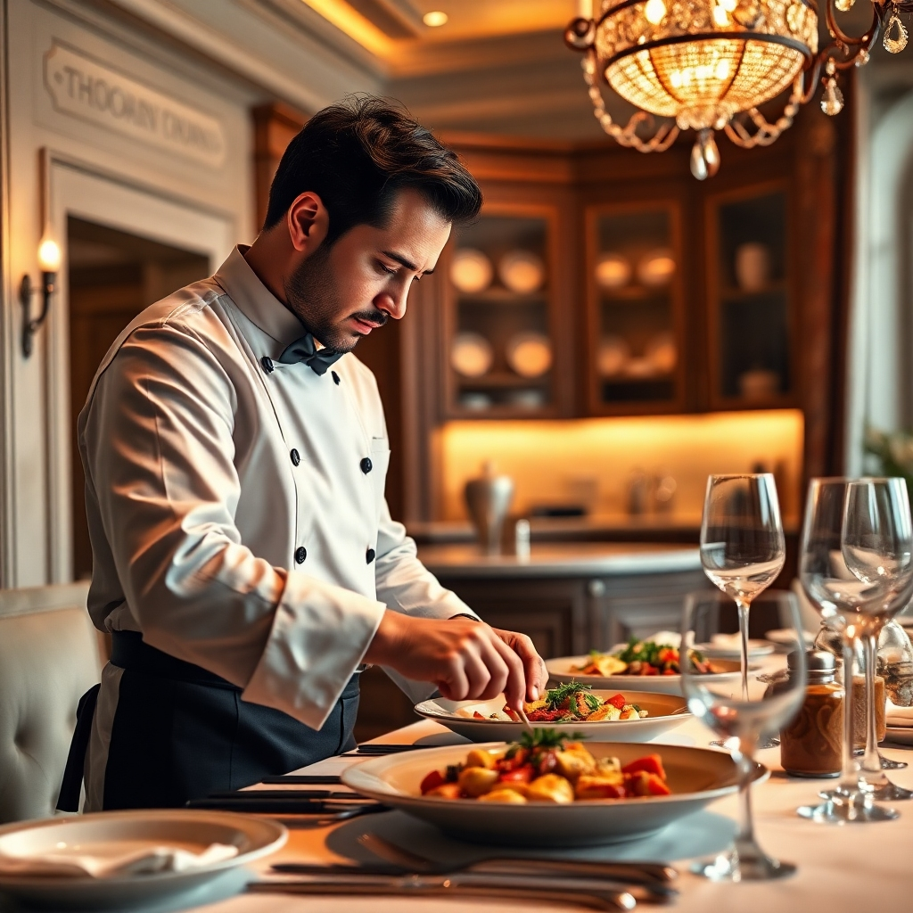 A photorealistic image showing a private chef preparing a meal in a luxurious home setting. The composition is styled to show elegance and luxury.  Lighting is warm and inviting, highlighting the luxurious environment. The color palette emphasizes sophisticated colors. The camera angle is from a slightly low angle, emphasizing the scale and elegance of the setting. Texture details are very important; showing the fine linens, tableware, and luxurious kitchen. The environment is a luxurious home. The style is high-end lifestyle photography. The resolution is 4K and the image should be high quality.