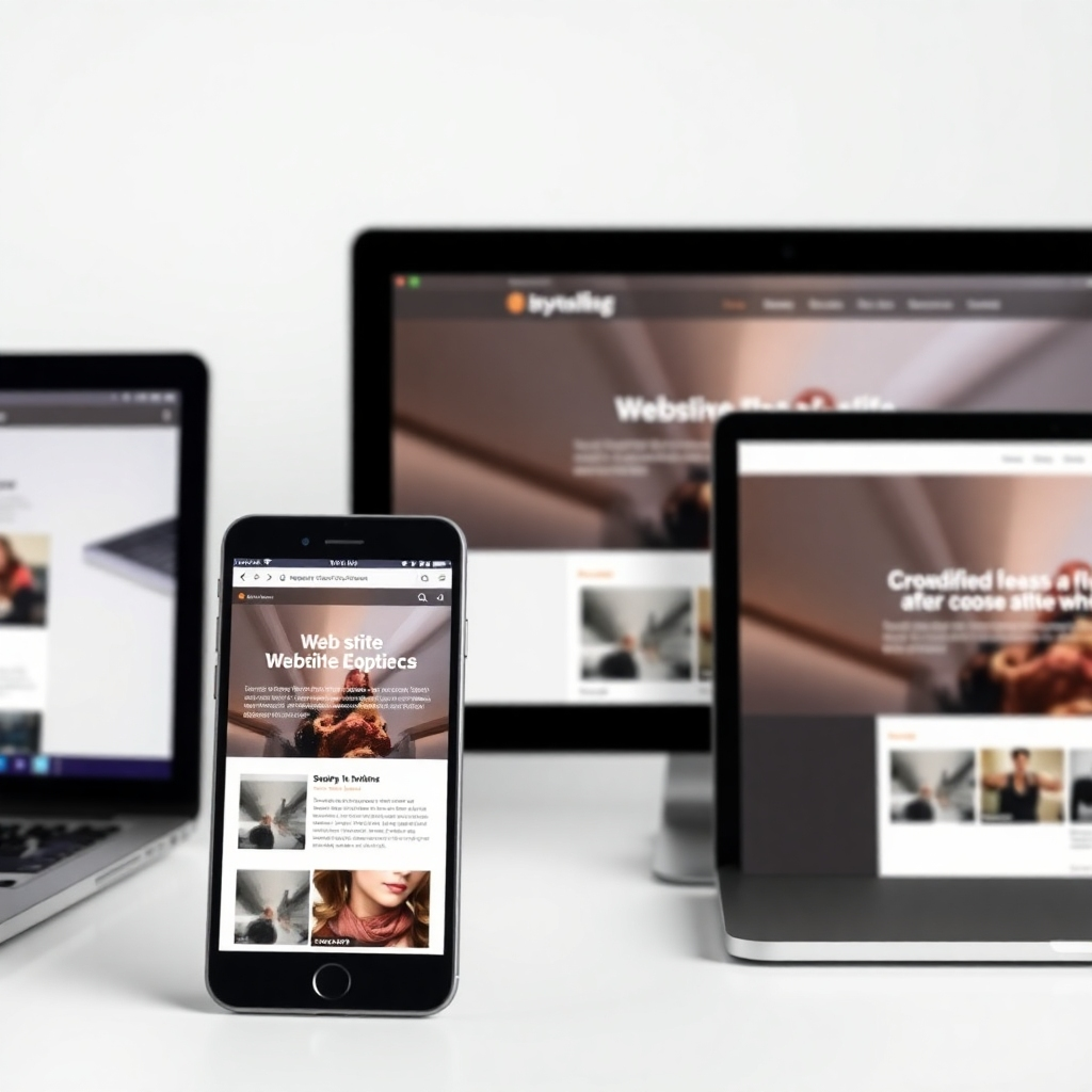 A photorealistic image showing a website being viewed on several devices (mobile, tablet, and desktop). The image should highlight the seamless transition and adaptability of the website across all devices. The lighting should be consistent across all devices, allowing clear viewing of the website content.