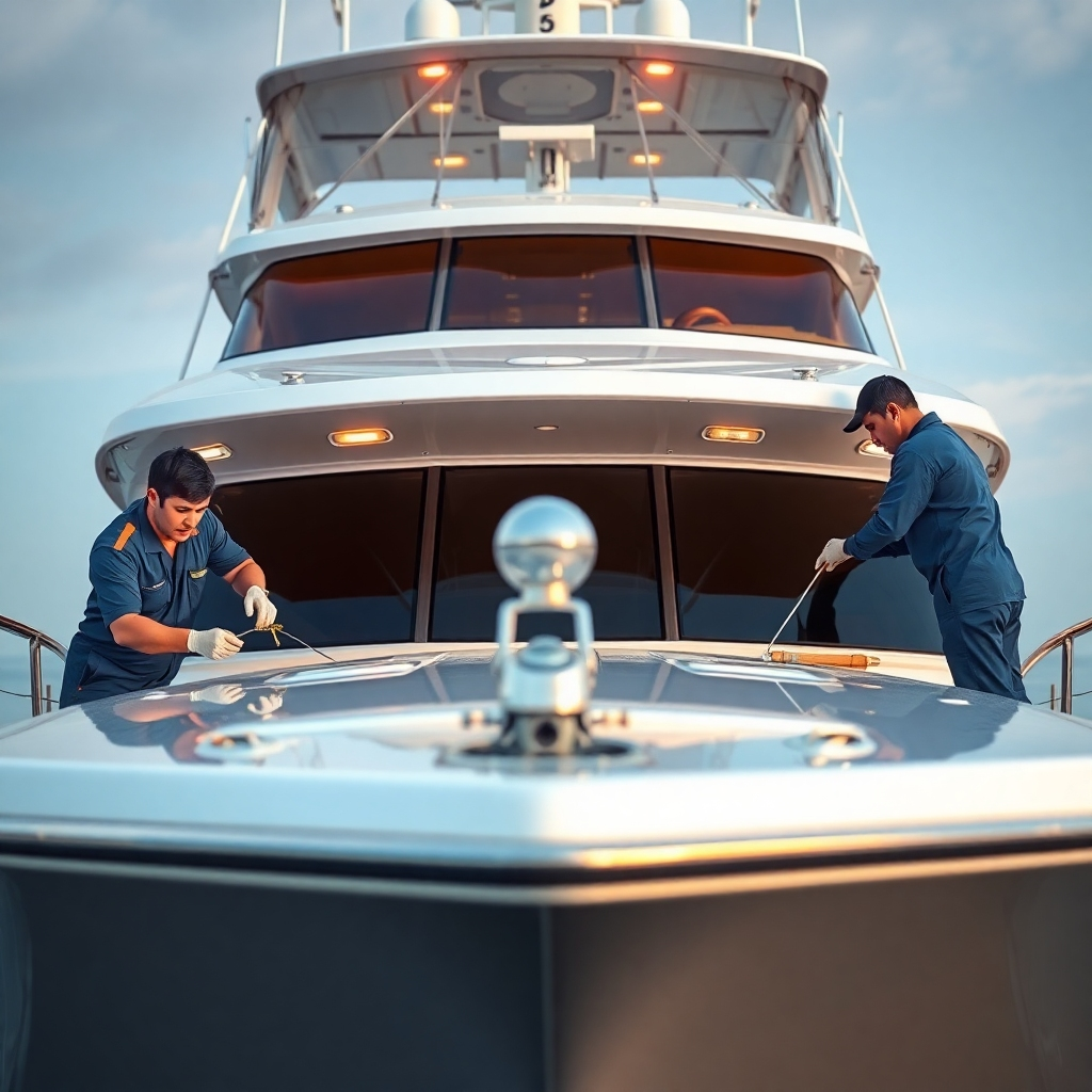 A photorealistic image showing a team of professionals meticulously detailing the exterior of a boat. The image should convey professionalism and attention to detail. The color palette should reflect the shine and cleanliness of the boat. The camera angle should be medium-wide, showcasing the entire boat. Technical specs: 4K resolution, high dynamic range