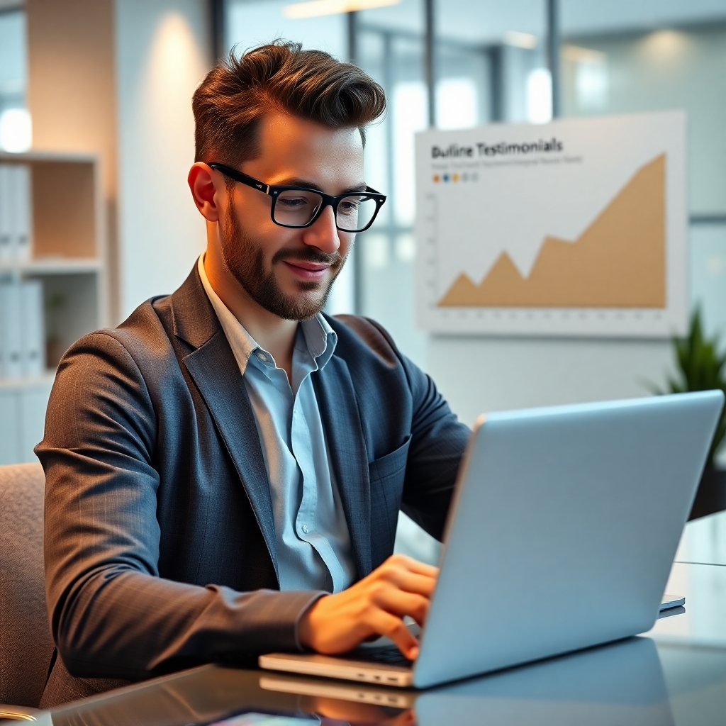 A photorealistic image showing a business owner confidently reviewing positive online customer testimonials on a laptop, with a graph showing upward trending positive reviews and sentiment in the background. The scene should portray a clean and modern office environment, conveying professionalism and success. High resolution, detailed image with soft, natural lighting.
