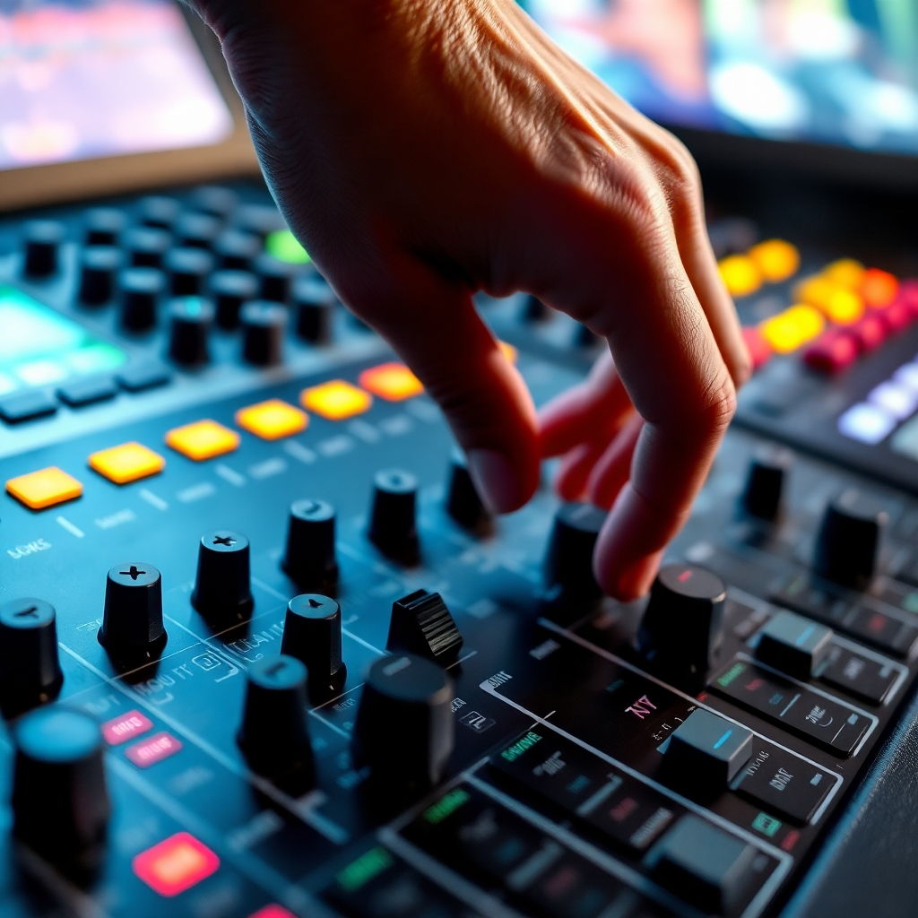 A photorealistic image showing a mixing console with several faders being manipulated by a hand. The colors, lighting, and texture should represent professionalism and creativity.