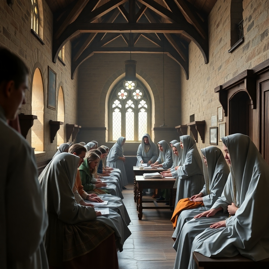 A photorealistic image showing a historical scene of a church-sponsored hospital or school during the medieval period, emphasizing the compassion and care shown to the patients or students.  The image should evoke a sense of community and service, with details that reflect the historical context accurately.