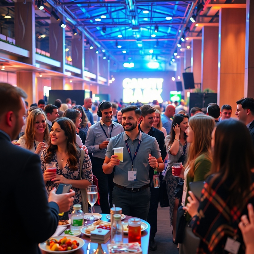 A photorealistic image showing a vibrant event in full swing, with happy attendees interacting, enjoying food and drinks, and engaged in activities.  In the background, event staff are calmly and efficiently managing tasks.  The scene should be bright, positive, and show a sense of success and enjoyment, with a focus on the attendees' happiness and engagement.