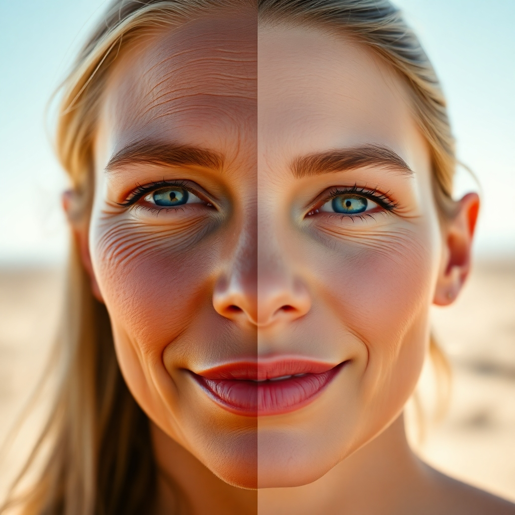 A photorealistic image split into two sides. One side shows skin damaged by the sun with wrinkles and blemishes. The other side shows healthy, smooth skin.  Both sides have a woman's face.  The background is bright and sunny, highlighting the contrast between sun-damaged and protected skin.