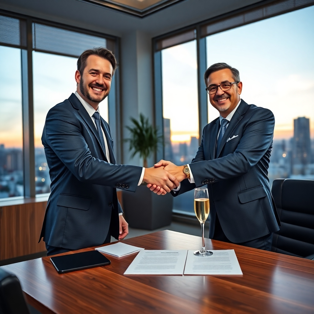 A photorealistic image (ultra-high definition, 8K resolution) of a confident businessperson shaking hands with a friendly investor in a modern, well-lit office. Dramatic side lighting creates depth and emphasizes the interaction. The color palette is professional yet optimistic, using shades of blue and gold to evoke trust and success. The camera angle is at eye level, capturing the genuine connection between the two individuals. Textures are highly detailed—the smooth fabric of their suits, the polished wood of the desk, and the crisp papers of documents. The background features subtle corporate decor, including large windows offering a view of a cityscape at dusk.  Props such as a signed contract and a celebratory champagne glass subtly hint at a successful funding deal. The image should evoke the style of a high-end business magazine photo shoot, creating a mood of success, professionalism and partnership, capturing a sense of trust and accomplishment.