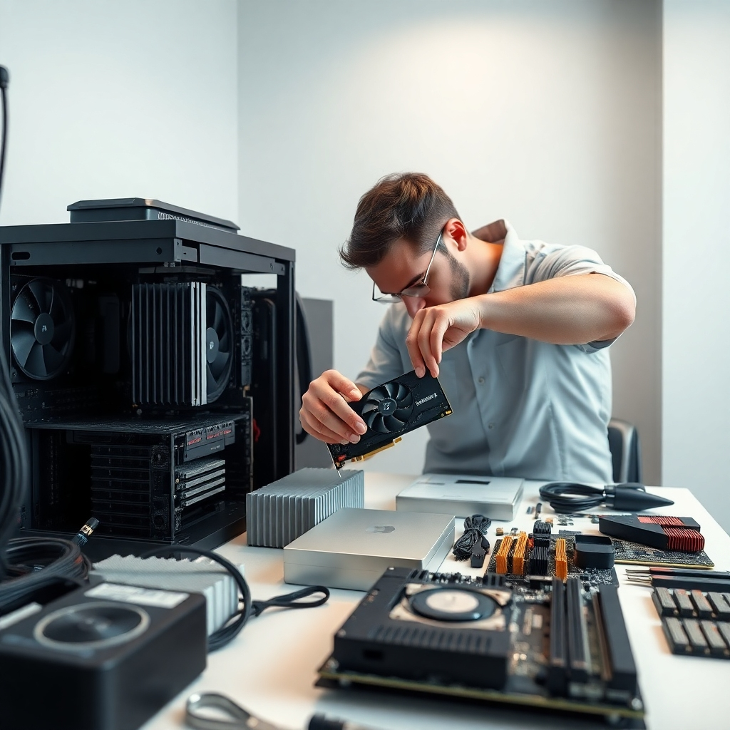 A photorealistic image (ultra-high definition, 8K resolution) showing a clean, well-organized computer repair bench. The main focus is on a technician meticulously replacing a computer component, possibly a graphics card.  The lighting is bright and even, with a soft, diffused quality, creating a clean, professional atmosphere.  The color palette emphasizes cool, neutral tones with accents of warm metallic colors from the computer parts. The camera angle is a slightly elevated perspective, offering a clear view of the technician's actions and the fine details of the components. The texture of the components – the smooth, cool metal of a heatsink, the intricate circuitry of a motherboard – is highly detailed.  There are other computer components such as a CPU, RAM sticks, and various tools neatly organized around the work area, suggesting an organized and professional workflow. The background is clean and uncluttered, with the emphasis clearly on the repair process. The style evokes the precision and detail of an Apple product photography advertisement, with a minimalist backdrop enhancing the focus on the quality of work.  This image will have an overall mood of quiet efficiency, high tech and professionalism.