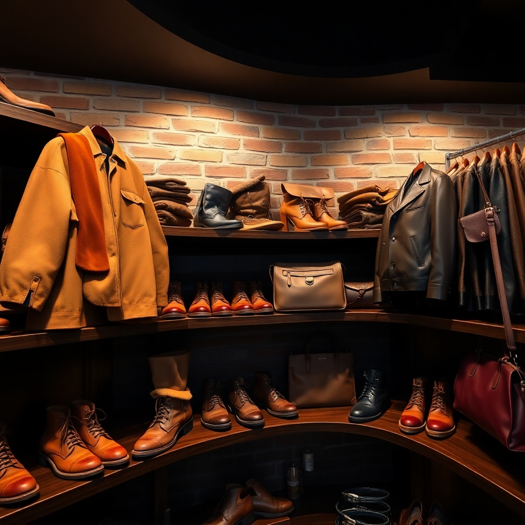 A photorealistic, ultra-detailed image (8K resolution) showcasing a collection of cleaned leather and suede items displayed on elegant, dark wooden shelving in Norman's Four Seasons Cleaners. The lighting is warm and inviting, with soft spotlights highlighting the textures of the materials. The color palette is rich and varied, showcasing the natural tones and colors of the leather and suede items. The image depicts a mix of leather jackets, suede boots, and leather handbags in various shades of brown, tan, and burgundy.  The camera angle is slightly low, offering a dynamic perspective of the items. The background features exposed brick walls, conveying a sense of heritage and tradition. The overall mood is upscale, sophisticated, and emphasizes the quality and craftsmanship of the materials.  The image should evoke the style of a high-end leather goods store, showcasing the luxurious feel and quality of the work done by Norman's Four Seasons Cleaners. The textures of the leather and suede should be extremely detailed, showing the softness, suppleness, and durability of the restored items.  Pay careful attention to the subtle nuances of each material and how the light interacts with them.