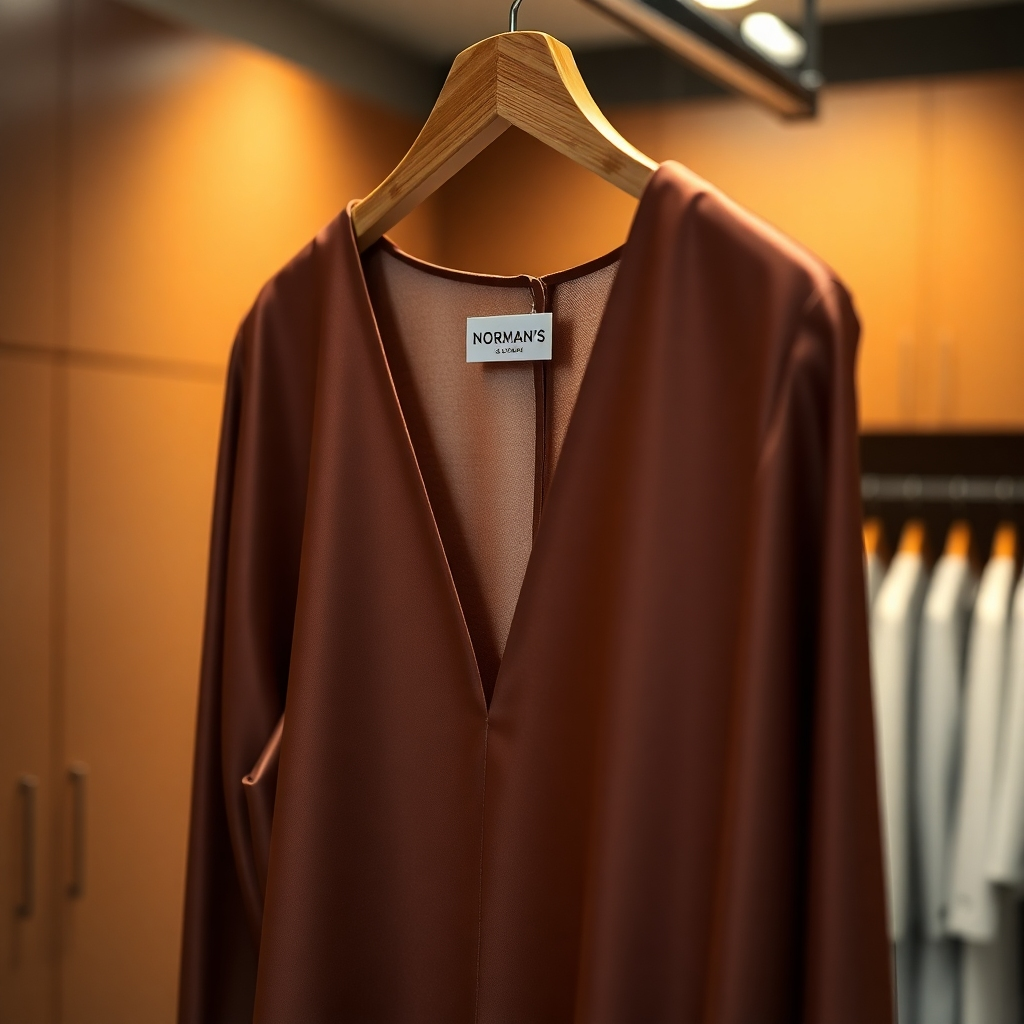 A photorealistic, ultra-high definition image (8K resolution) depicting a close-up of a finely-woven silk dress, meticulously cleaned and pressed, hanging on a custom-designed, wooden hanger in a well-lit, airy dry cleaning shop. Soft, diffused lighting highlights the rich texture and subtle sheen of the silk. The color palette is warm and inviting, emphasizing the deep, luxurious tones of the dress. The background is slightly blurred, showcasing sleek, minimalist storage units in muted earth tones. The camera angle is slightly elevated, providing a flattering view of the dress. The overall mood is one of sophistication and care, conveying the high quality of Norman's Four Seasons Cleaners.  The image should evoke the style of a high-end fashion magazine, capturing the texture and details of the silk with exceptional clarity.  The scene should exude a sense of calm, serenity, and professionalism, highlighting the superior quality of the garment care provided by Norman's Four Seasons Cleaners.  Include labels indicating the fabric type and origin of the silk. Render with hyperrealistic detail, emphasizing the soft drape of the silk and the precision of the pressing.