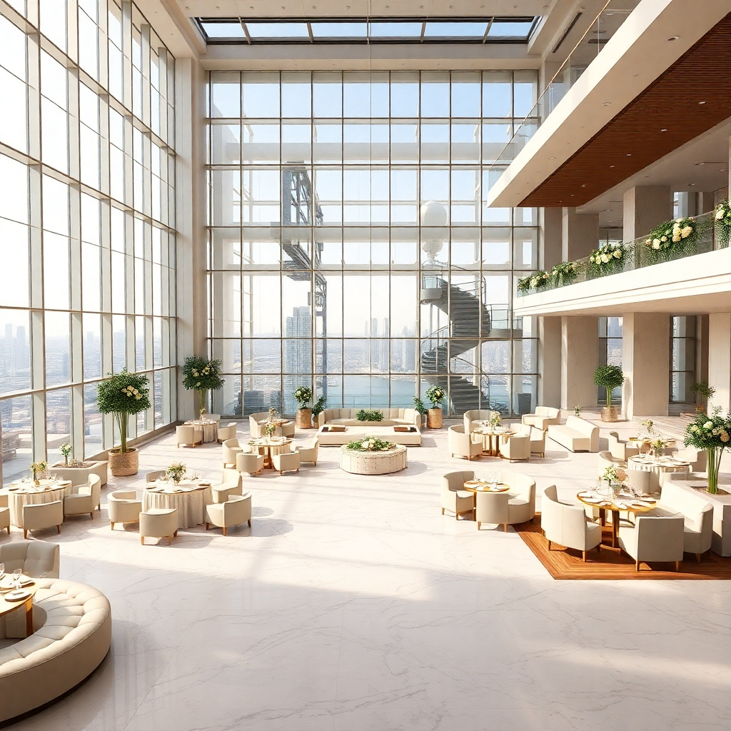 A photorealistic, ultra-high definition (8K resolution) image depicting a stunning event venue. The venue is a modern, glass-walled building with a spacious, open floor plan, bathed in soft, diffused sunlight streaming through the large windows. The color palette is elegant and neutral, featuring shades of white, beige, and grey, with pops of gold and greenery.  The image is composed from a high-angle perspective, showcasing the entire venue's layout, including a beautifully decorated reception area with plush seating, round tables adorned with exquisite centerpieces, and a dance floor. The lighting is soft and ethereal, enhancing the luxurious atmosphere. The textures are rich and varied, including smooth marble flooring, plush velvet upholstery, and the natural textures of wood and greenery. The overall mood is sophisticated and elegant. The background includes a city skyline visible through the glass walls. The image is styled in the manner of renowned architectural photographer Iwan Baan, emphasizing clean lines and architectural details. The image should be hyperrealistic and ultra-detailed, showcasing the finest details of the interior design, the lighting, and the overall ambiance.