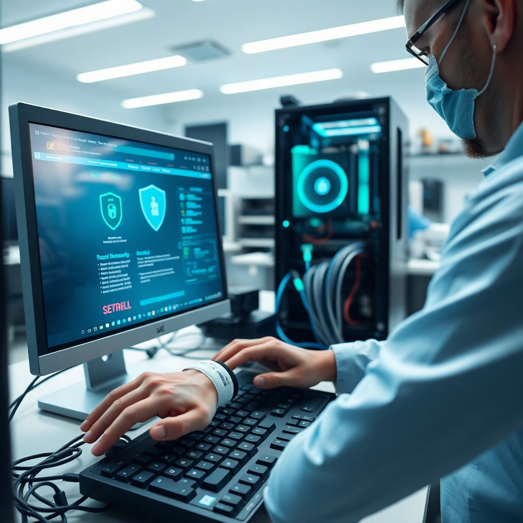 A photorealistic, ultra-high-definition (8K) image depicting a technician meticulously working on a desktop computer. The setting is a clean, brightly lit computer repair shop with soft, diffused lighting. The color palette is calm and reassuring, with cool blues and greens dominating. The camera angle is a slightly elevated medium shot, focusing on the technician's hands as they expertly navigate the system's interface.  The technician is wearing anti-static wristband and is focused on the computer screen, which shows a sophisticated antivirus software interface.  Fine details like the keyboard's texture, the subtle reflections on the computer screen, and the intricate wiring are hyperrealistic. The background features neatly organized workstations and tools, creating a sense of professionalism and order.  The overall mood is one of calm efficiency and expertise. The style should emulate the precision and clarity of a National Geographic photo essay. The image should emphasize the delicate nature of the work while highlighting the advanced technology involved.  Render the image with exceptional detail and realism, focusing on texture, reflection, and subtle lighting effects.