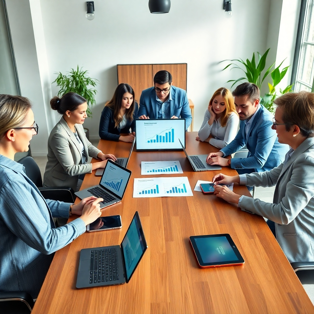 A photorealistic, ultra-high definition image (8K resolution) depicting a diverse team of professionals collaborating around a large table in a modern, brightly lit office. Soft diffused lighting illuminates the scene, enhancing the warm and inviting atmosphere. The color palette is sophisticated and calming, with muted blues, greens, and grays, creating a mood of trust and professionalism. The camera angle is slightly elevated, providing an overview of the team's interaction. The table is made of polished wood, reflecting the light. On the table are laptops, tablets, smartphones, and documents displaying charts and graphs indicating positive brand perception and growth.  Fine textures of the materials are visible: the smooth surfaces of the screens, the grain of the wood, the soft texture of the clothing.  The background features modern, minimalist office décor with potted plants adding a touch of nature.  The scene embodies collaboration, professionalism, and digital marketing success. The image should have the style of a contemporary corporate photography in the style of Annie Leibovitz, emphasizing realism and emotional connection.