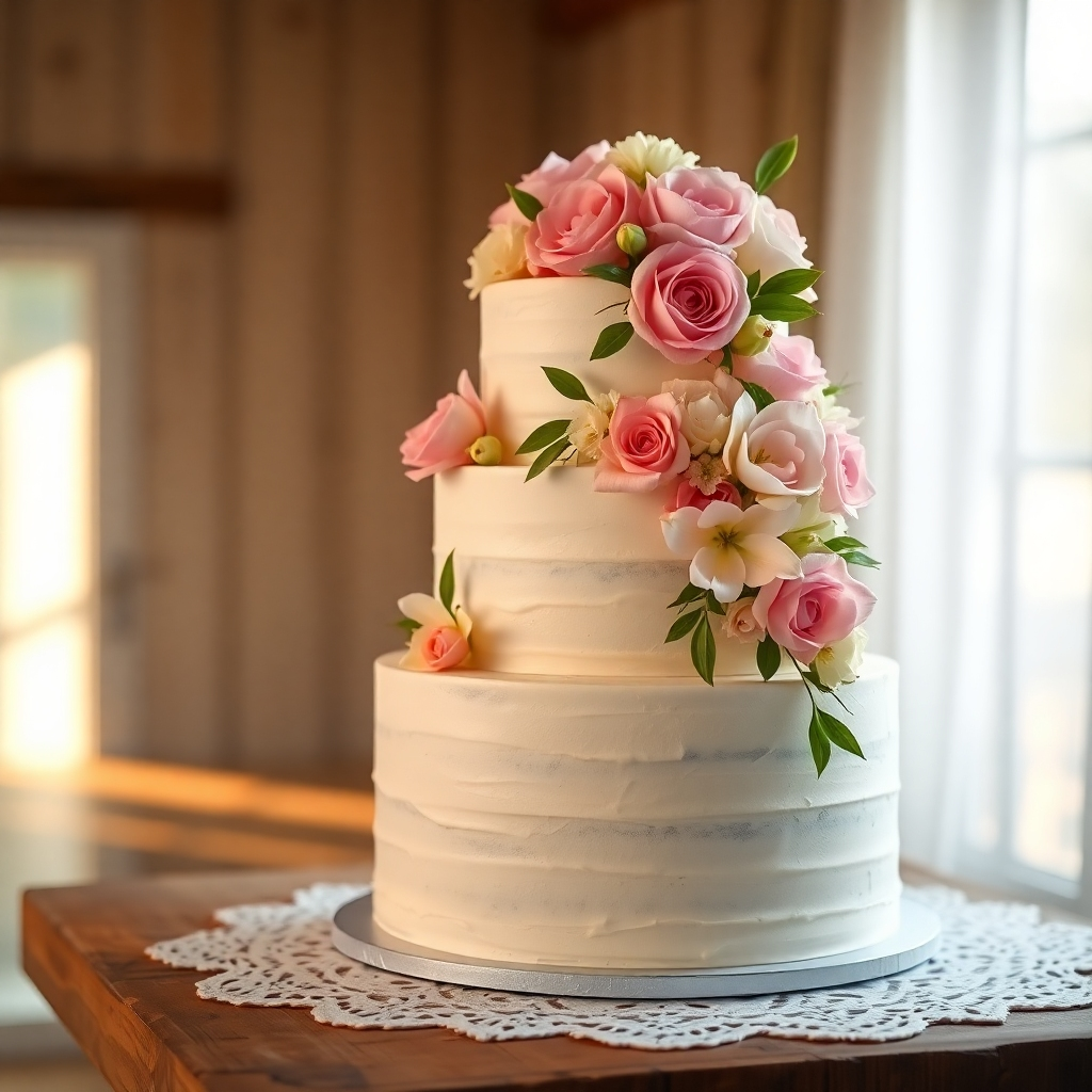 A photorealistic, ultra-high definition 8K image of a three-tiered wedding cake, adorned with cascading fresh flowers (roses, peonies, and lilies) in shades of blush pink, ivory, and soft green. The cake sits on a white lace tablecloth on a rustic wooden table. Soft, diffused natural light illuminates the scene, creating a warm and inviting atmosphere. The camera angle is slightly elevated, showcasing the cake's intricate details and the delicate flower arrangement. The style is reminiscent of the works of renowned food photographer,  Lisa Hubbard.  The image should emphasize the textures – the smooth buttercream frosting, the delicate petals of the flowers, and the rustic grain of the wood. The background should be softly blurred, drawing focus to the cake. The overall color palette is soft, romantic, and elegant. The image should evoke a feeling of luxury and celebration.  Include tiny, glittering edible gold accents on the cake layers for an extra touch of opulence.  The image should be hyperrealistic, showcasing exceptional detail and depth.