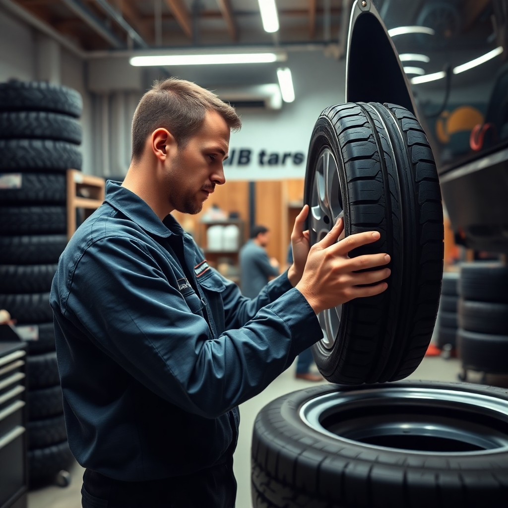 A photorealistic, ultra-high definition (8K) image depicting a mechanic expertly installing a new tire onto a vehicle rim. The scene is set in a clean, well-lit J&B New and Used Tires shop, with soft diffused lighting illuminating the workspace. The color palette is warm and inviting, featuring natural wood tones and muted blues. The camera angle is slightly elevated, showcasing the mechanic's skill and precision.  The mechanic is wearing a J&B New and Used Tires uniform. Visible are various tire sizes stacked neatly in the background.  The texture of the tire rubber is highly detailed, showing its tread pattern clearly. The overall mood is one of professionalism and efficiency. The image should evoke a sense of trust and quality craftsmanship. The style should be reminiscent of a professional automotive photography, clean and bright.  The background shows other mechanics performing routine tasks in the shop, and tools are cleanly organized.  Environmental details include a spotless workspace and modern tools.  The image should convey a hyperrealistic quality, showcasing every detail of the scene with exceptional clarity and depth. The composition is balanced with the mechanic as the focal point.