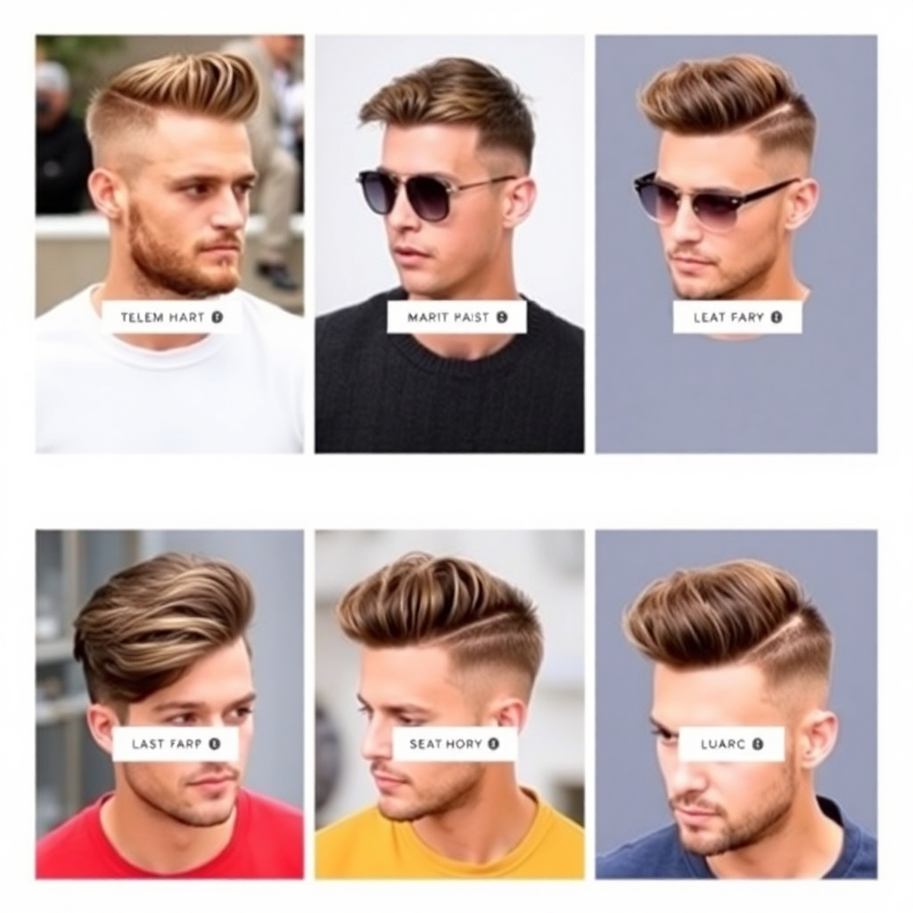 A series of stylish men's haircuts, each representing a different popular style, with some text overlays identifying each.  The overall style should be modern and appealing, reflecting current trends.