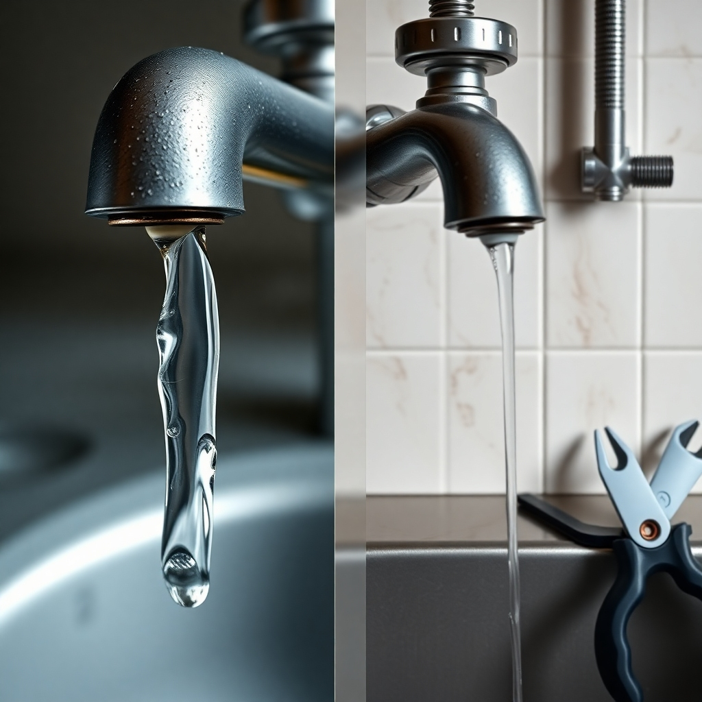 A split image showing a problem and its solution.  One side depicts a photorealistic image of a leaky faucet, with water dripping visibly. The other side shows the same faucet after repair, with tools neatly arranged next to it, and the leak fixed. The image should emphasize the before-and-after contrast, demonstrating a clear resolution.